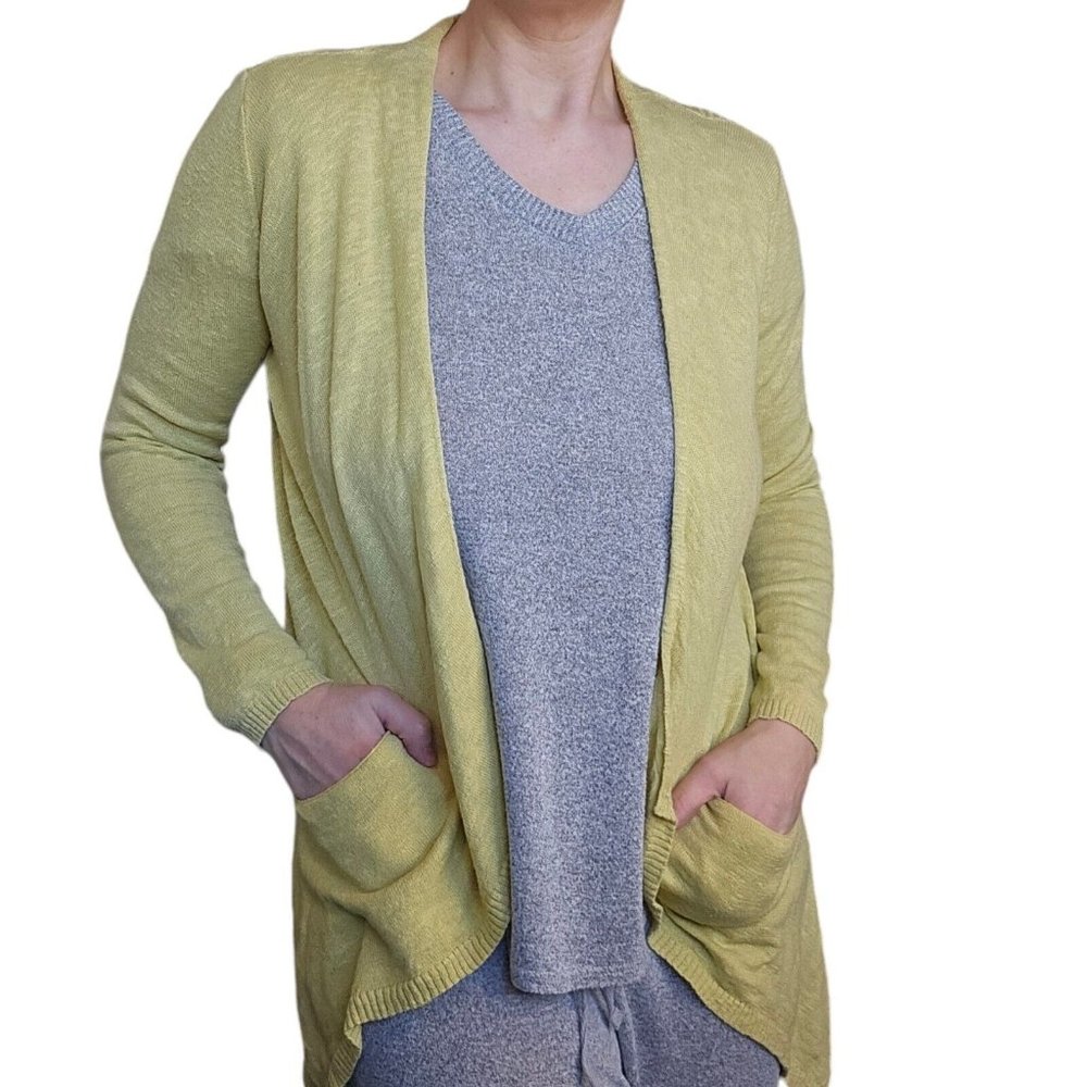 Eileen Fisher Yellow Green Slub Knit Linen Cotton Waterfall Cardigan PS Fits S